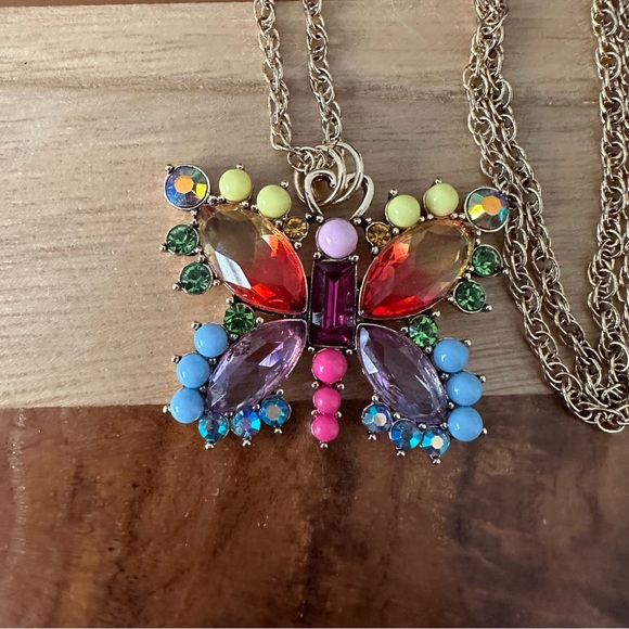 Betsey Johnson Love Fest Butterfly Necklace Multicolored Crystals Long Chain - Picture 2 of 4